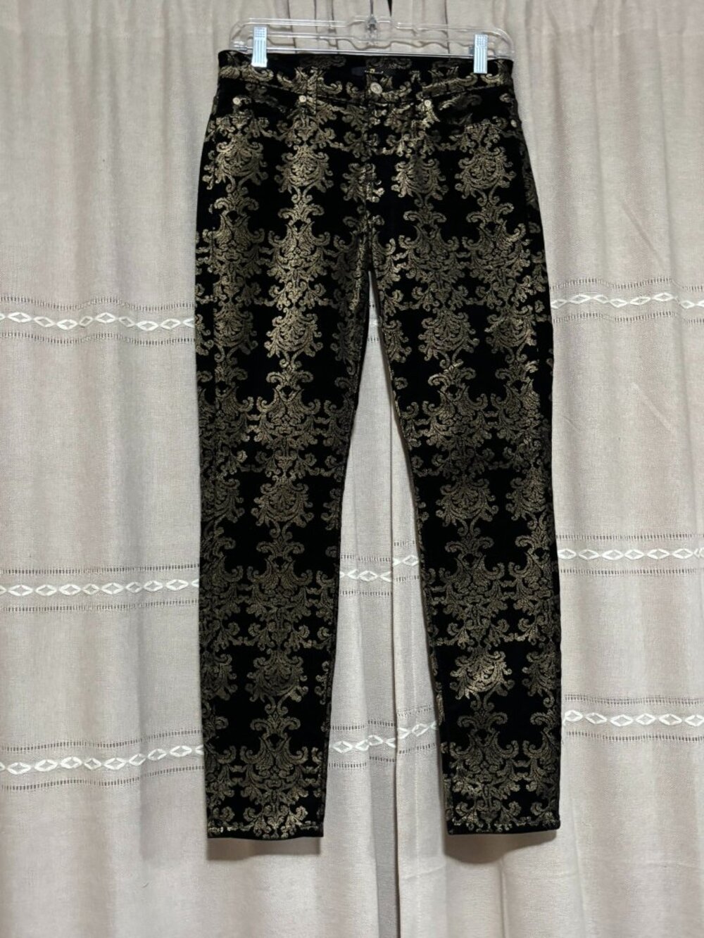 7 For All Mankind Black Gold Metallic Damask Velvet Pants Size 27 Skinny